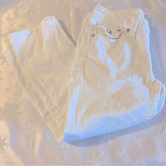 LA Idol White Capri Denim Jeans Low Rise Stretch Bedazzled Faux Jewels Sz 7 - Picture 3 of 7